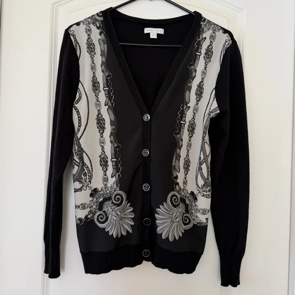 New York & Company Chain Print Cardigan Medium Black & Cream Career Chic Sweater